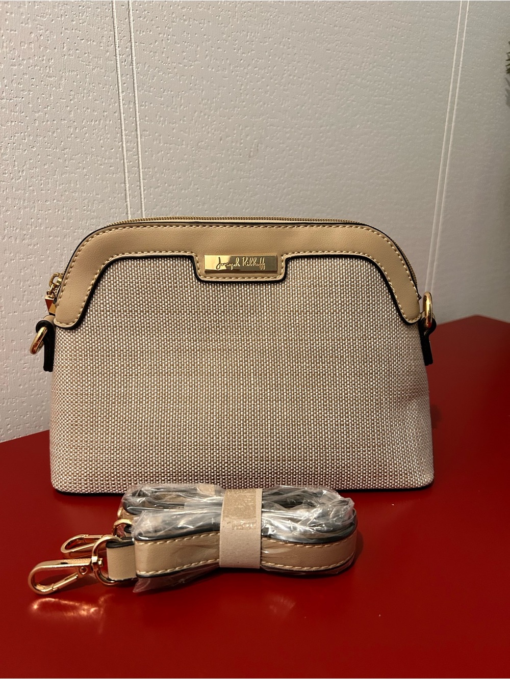 Joseph Ribkoff Beige Canvas and Tan Trim Crossbody with Gold Hardware Bag